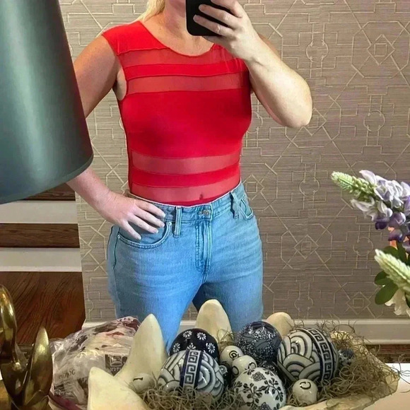 Suki Cohen Red Sheer panel Bodysuit swimsuit size Large - Picture 7 of 8